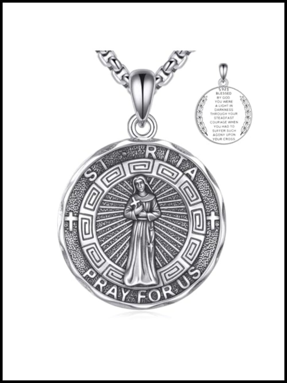 Sterling Silver Saint Rita Pendant Necklace Religious Protection Jewelry Gift